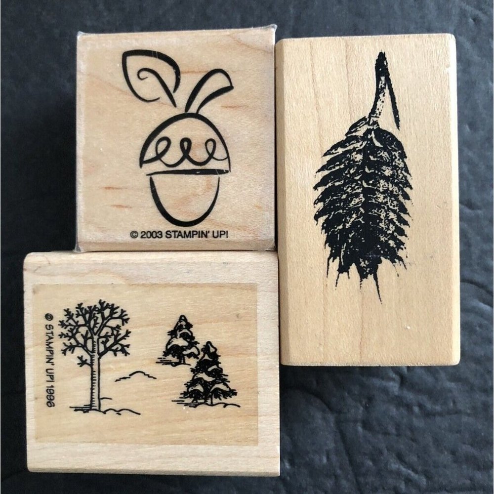 Rubber Stamp Lot 3 Acorn Nut Pinecone Winter Pine Trees Snow Scene Landscape